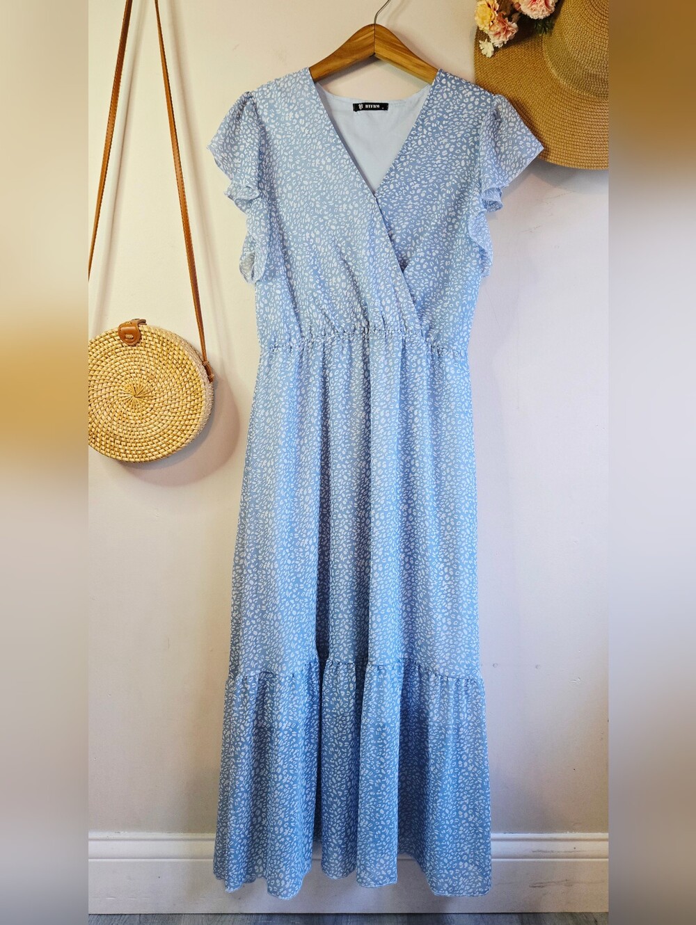 Light Blue Cheetah Print Faux Wrap Maxi Dress